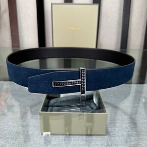Tom Ford Navy Suede Belt with Black T Buckle